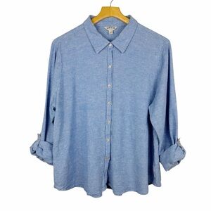 Orvis Linen Blend Button Down Shirt Blue Long Sleeve Roll Tab Womens Size XXL